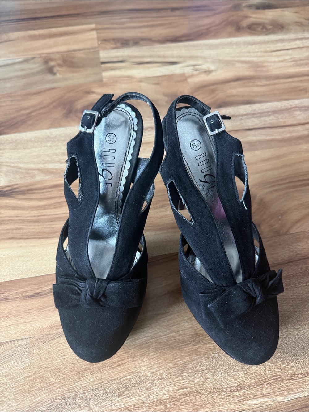 Rouge Helium Black Suede Knot Peep-Toe Slingback Pumps